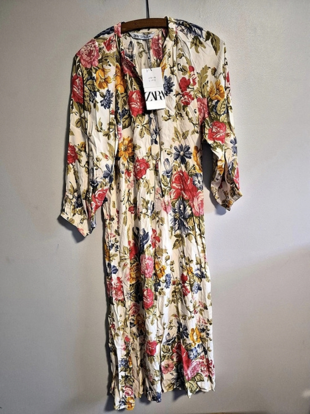 NEW Zara XS Multicoloured Floral Elbow Length Sleeve Button Down Maxi Dress